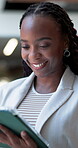 Happy, business and black woman with tablet in office for research, email editor and story approval. Journalist, reading and digital for editing draft, funny feedback and proofreading for publication
