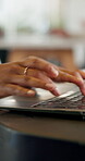 Laptop, typing and hands of business woman in office for blog research, article writing and post update. Online reporter, story editor and journalist or person in media agency for startup and review