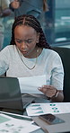 Serious, woman and employee with paperwork, office or data analysis with laptop, reading and online. Typing, financial analyst and black person with document for wealth management, graph and research