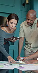 Business people, group and planning with documents, chart or sticky note for investment metrics. Team, paper and graph in meeting for sales discussion, financial notebook or data analysis in office