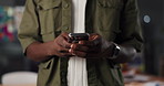 Cellphone, hands and businessman in office with contact, communication or social media on mobile app. Typing, technology and male creative director with phone for chatting online in workplace.