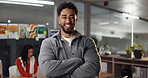 Happy, creative and face of business man in office with confidence, pride and crossed arms for job. Professional, startup and portrait of person for designer career, media consultant and opportunity