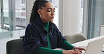 Creative, woman and typing on laptop in office for research, editor feedback and article report. Journalist, pc and writing notes for story reminder, fact check and draft update of publication agency