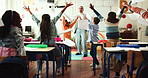 Excited, teacher and children with documents in air for celebration, finished exams or done in school. Happy, group or learners throwing paperwork for test completion, pass or success in classroom
