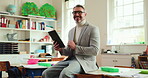 Face, man and educator with tablet in class for career pride, lesson plan and assignment results. Mature person, teacher and digital app with course schedule, curriculum information and test feedback