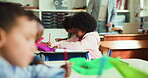 Kindergarten, writing and test with kids in classroom for education, study and exam. Learning, child development and growth with group of students and man in school for creative, lesson and support