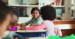 Conversation, students and girls in classroom, education and knowledge with story. Friends, school and discussion with ideas, creativity and future with motivation, communication and learning