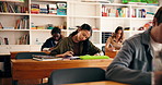 School, university and students in classroom listening for lecture, test and lesson. College, academy and people with notes, books and writing for education, learning and studying for assessment