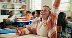 Raised hand, question and child in classroom at school for learning, education or development. Happy, student and girl kid with answer for quiz, test or assessment with feedback at elementary academy