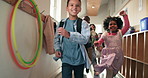 Education, students and running in hallway, kids and excited for end of day, smile and youth. Academic growth, energy and children with break, scholarship and recess with child development or support