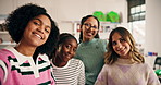Happy, selfie and face of friends in classroom at college for social media post, update or profile picture. University, students and portrait of girls bonding for education, learning or campus memory