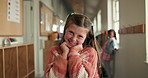 Happy, excited and face of child at school with confidence for education, learning or development. Smile, student and portrait of girl kid with pride for academic, study or growth at academy campus.