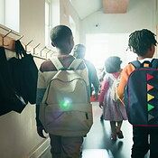 Backpack, education and back of students in school for knowledge, study ...