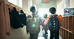 Backpack, education and back of students in school for knowledge, study period and learning. Scholarship, growth and class schedule with group of kids on campus for child development and friends