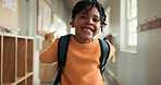 Face, student and child in school, dancing and celebration for good grades, moves or fun in hallway. Happy, learner and African kid with rhythm in elementary, education and academic success for boy