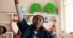 School, question and students in classroom with hands up for learning, education and knowledge. University, college and girl with gesture for answer in assessment, assignment and quiz for help