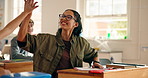 Girl, raised hand and high five for question in classroom, achievement and smile at school. Person, teenager and happy with learning, motivation or support for success with education at academy