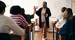 Montage, classroom and teacher with students at school for learning, studying and writing exams. Series, college and learners with high five, questions and help for lesson, education and teaching