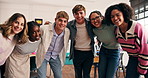 Series, happy students and friends in classroom at school for learning, studying and high five. Montage, college and learners with books, selfie and collaboration for knowledge, education and lesson