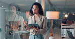Call center, agent and woman with tablet, talking and communication with contact for insurance plan. Person, discussion and explaining policy with headset, consultation or help with inquiry in office