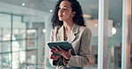 Planning, tablet and businesswoman in office by window with ideas, research or communication. Thinking, email and female creative director with digital technology for online contact in workplace.