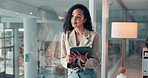 Thinking, tablet and businesswoman in office by window with ideas, research or communication. Planning, email and female creative director with digital technology for online contact in workplace.