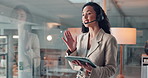 Call center, agent and woman with tablet, help and explaining insurance plan to contact and talking. Happy, person and communication with headset, consultation or advice for inquiry and conversation