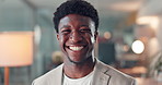 Employee, laughing and man in office, face or positive attitude for stock market increase and bokeh. Black person, trader and excited for financial growth, investment opportunity or profit in Nigeria