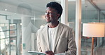 Thinking, tablet and businessman by window in office for research, ideas or planning for creative project. Happy, digital technology and African editor with online article for publishing in workplace