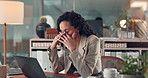 Stress, office and business woman on laptop with mistake, stock market crisis and bankruptcy. Professional, corporate and frustrated person on computer with bad news, problem and financial failure