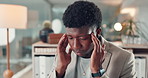 Headache, office and business black man on laptop with mistake, financial crisis and bankruptcy. Stress, corporate and frustrated person on computer with bad news, budget issue and investment failure