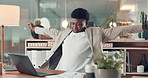 Stretching, tired and business black man in office on laptop for finance report, deadline and proposal. Corporate, night and person on break for fatigue, burnout or tired for working late on computer