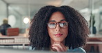 Glasses, thinking and businesswoman in office with research online for creative project with publishing. Technology, email and female editor with article for blog, website or multimedia in workplace.