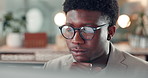 Glasses, black man and tech with thinking in office for research, account manager and client report. Communication, email and connection with employee in agency for financial advisor and reading