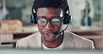 Business, call center and black man with computer, glasses and crm with advice, tech support and talking. Reflection, African person or consultation with pc, eyewear and customer service with headset