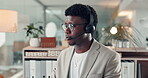 Business, black man and talking with headset at call centre for customer service, client advice and crm. Agent, pc and discussion for online help, tech support and information on procedure guidance