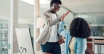 Business people, computer and high five for celebration, funding and idea approval with project planning. Manager, employee and excited for brand consultant, creative agency and proposal success