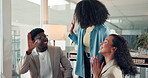 Woman, team and high five with celebration at startup with smile, support or motivation in office. Person, leader and group with computer, excited or happy for goal with success at creative agency