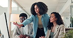 Computer, discussion and business people in office for meeting, online feedback and research. Teamwork, collaboration and workers on pc talking for project schedule, website report or proposal advice