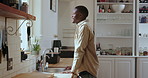 Black man, window and smile with thinking in home for reflection, decision or profile in kitchen. African person, happy and perspective with insight, inspiration and memory for nostalgia at house