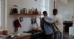 friends, cooking and conversation in modern kitchen with meal prep, support and happy people at home. Helping, collaboration and men with food on countertop, motivation and communication for hobby.