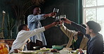 Man, people and cheers with red wine at restaurant for celebration, dinner party and reunion. Group, friends and toast with alcohol for good news, social gathering and happy hour of fine dining event