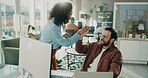 Business, people and laptop with high five at call centre for success, bonus and crm achievement. Excited, staff and pc for sales goals, client feedback and employee congratulations of team promotion