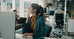 Thinking, woman and reading on computer in office for research, review article and editing draft. Copywriting, coworking and pc for proofreading, report news and story headline on publication website