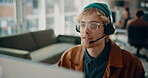 Man, computer and consulting on headset in call center for contact us, online query and advice. Coworking, friendly agent and talking with microphone for technical support, customer service and help