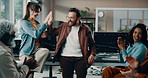 Applause, high five and motivation with investment team in office for portfolio growth or success. Celebration, excited and stock market win with business people clapping in workplace together