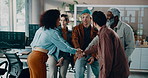 Teamwork, office and business people with stack for success, agreement and celebration. Creative agency, hands together and workers in meeting for collaboration, support and solidarity for goals