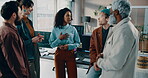 Programmer, discussion and meeting with business people in office for coding project, app idea and talking. Speaker, collaboration and software engineer with employees in tech startup for planning