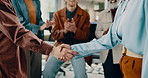 Business, handshake and people with applause, celebration or creative agency with partnership. Closeup, clapping or employees in office, cheering or shaking hands with thank you, support or agreement