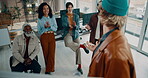 Applause, business or team in office with presentation, proposal or pitch for creative company. Happy, clapping or people in workplace with diversity, brainstorming or ideas in copywriter agency.
